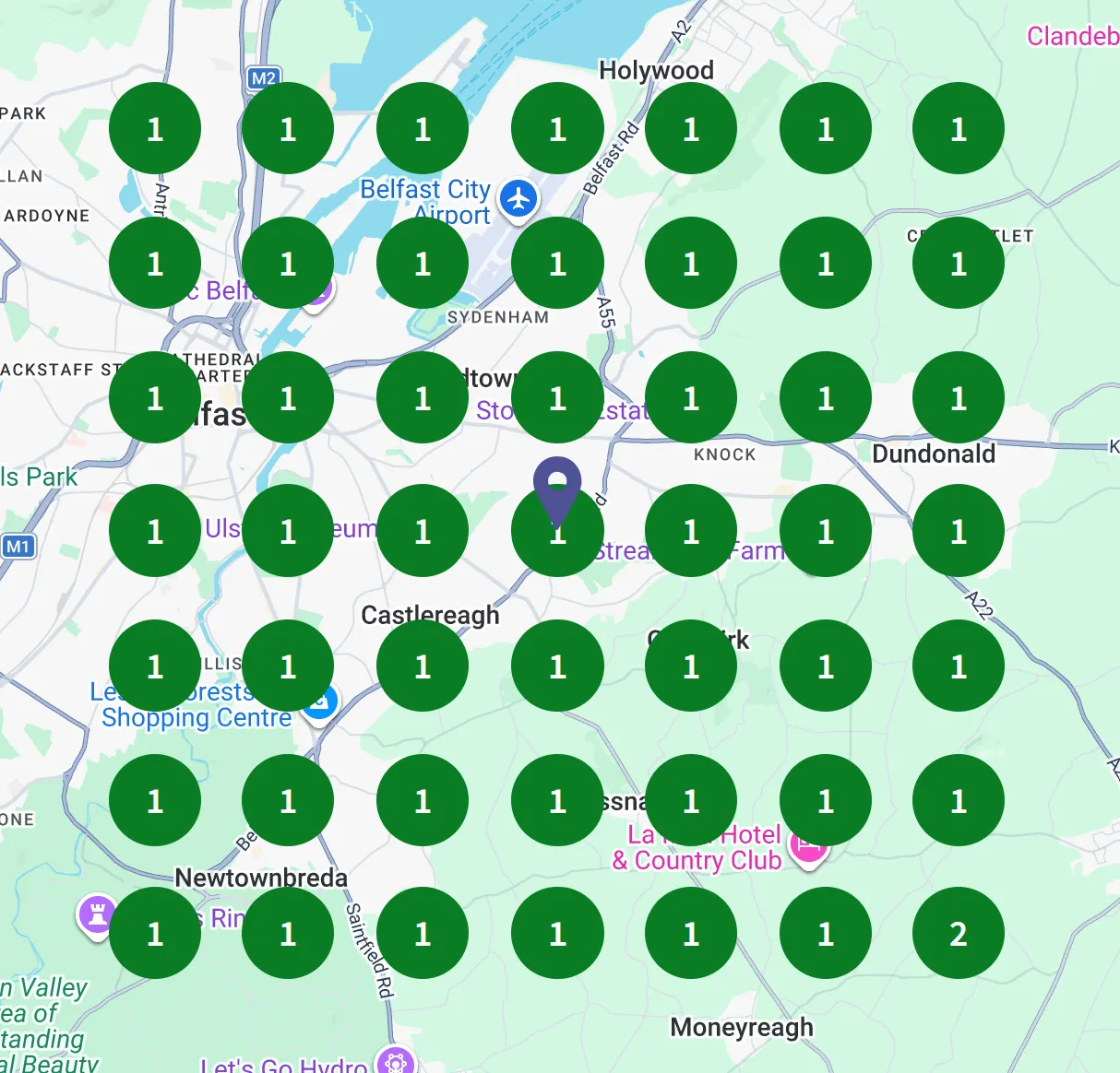 Google Maps geo-grid showing a Belfast business ranking #1 across all 49 points of the city
