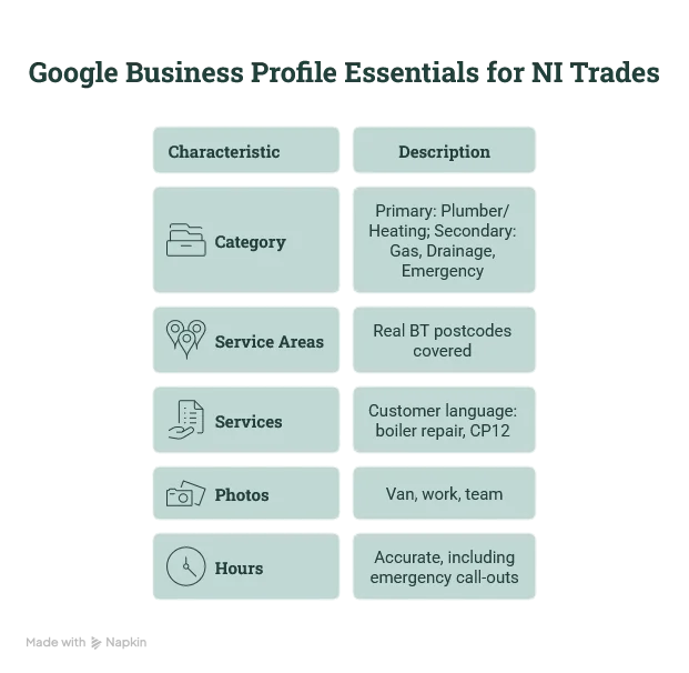 Table of Google Business Profile essentials for an NI plumber: category set to Plumber or Heating contractor, service areas as real BT postcodes, services listed in customer language including boiler repair and CP12, real photos of van and team, and accurate hours covering emergency call-outs