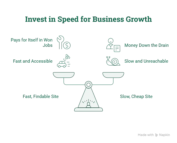 Balance scale weighing a fast findable site against a slow cheap site: the fast site is accessible and pays for itself in won jobs, the slow site is unreachable and is money down the drain