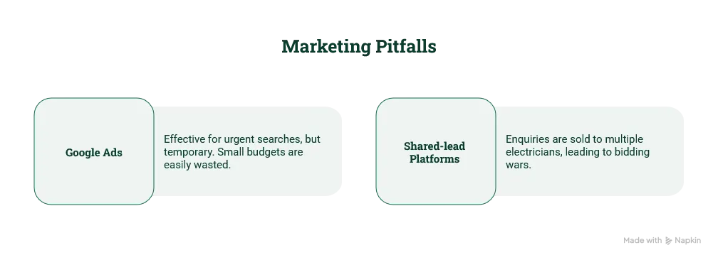 Two marketing pitfalls for NI electricians: Google Ads, effective for urgent searches but temporary and easy to waste small budgets on, and shared-lead platforms where enquiries are sold to multiple electricians and turn into bidding wars