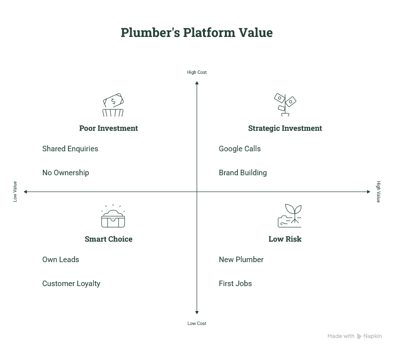 Four-quadrant matrix of a plumber's platform value plotted on cost versus value: top-left poor investment (shared enquiries, no ownership), top-right strategic investment (Google calls, brand building), bottom-left smart choice (own leads, customer loyalty) and bottom-right low risk (new plumber buying first jobs)